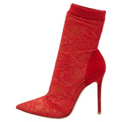 Gianvito Rossi Red Lace And Suede Pointed Ankle Booties Size 39