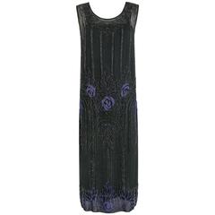 COUTURE c.1920's Black Silk Chiffon Art Deco Beaded Flapper Cocktail Slip Dress