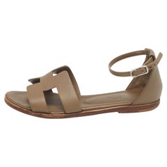 Hermes Green Leather Santorini Ankle Strap Flat Sandals Size 37