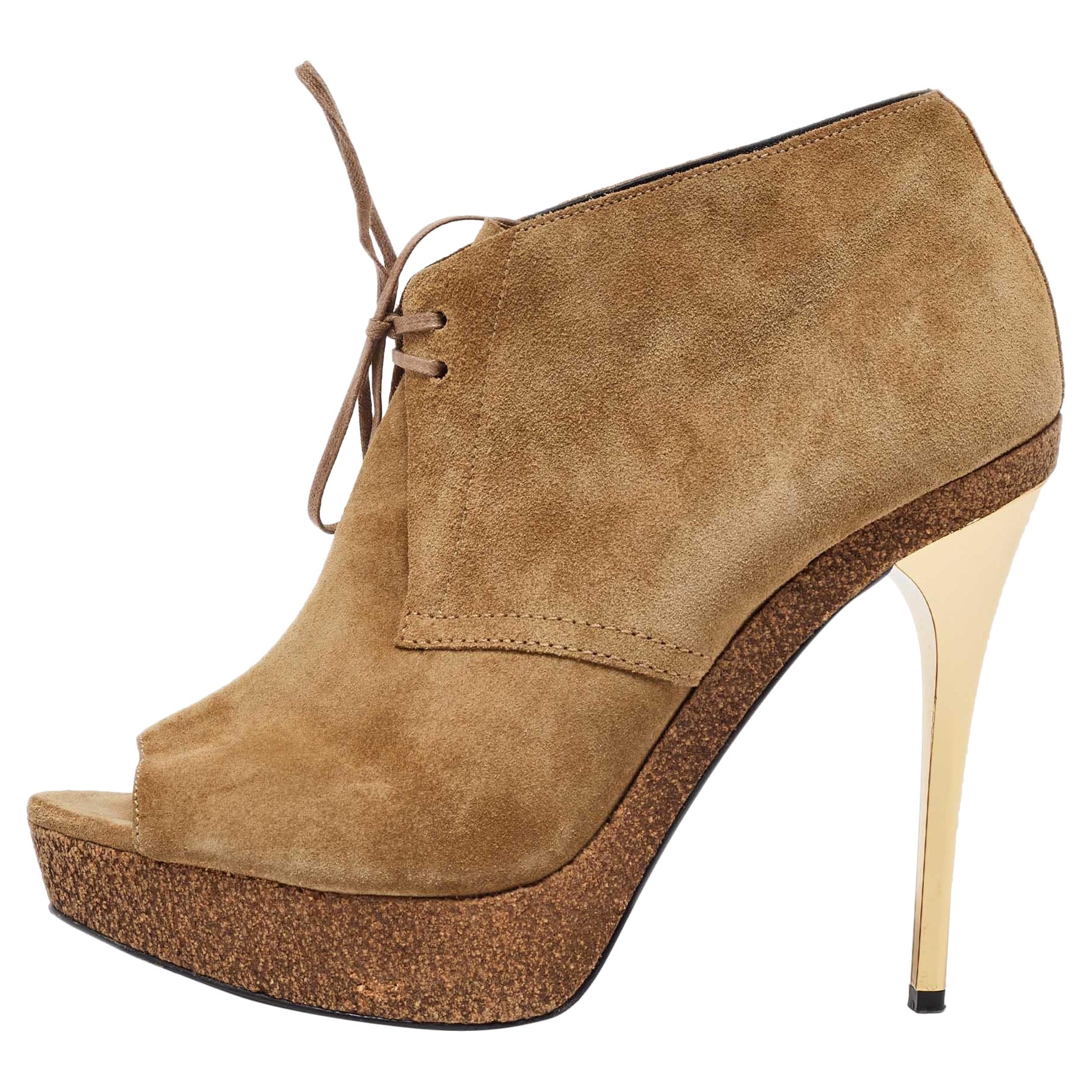 Burberry Brown Suede Peep Toe Cork Platform Booties Size 39 For Sale