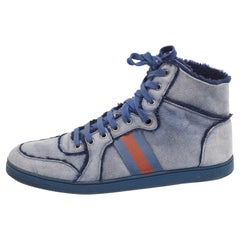 Gucci Blue Suede and Shearling Web Lace Up High Top Sneakers Size 45.5