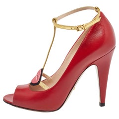 Gucci Red Leather Molina Ankle Strap Pumps Size 37