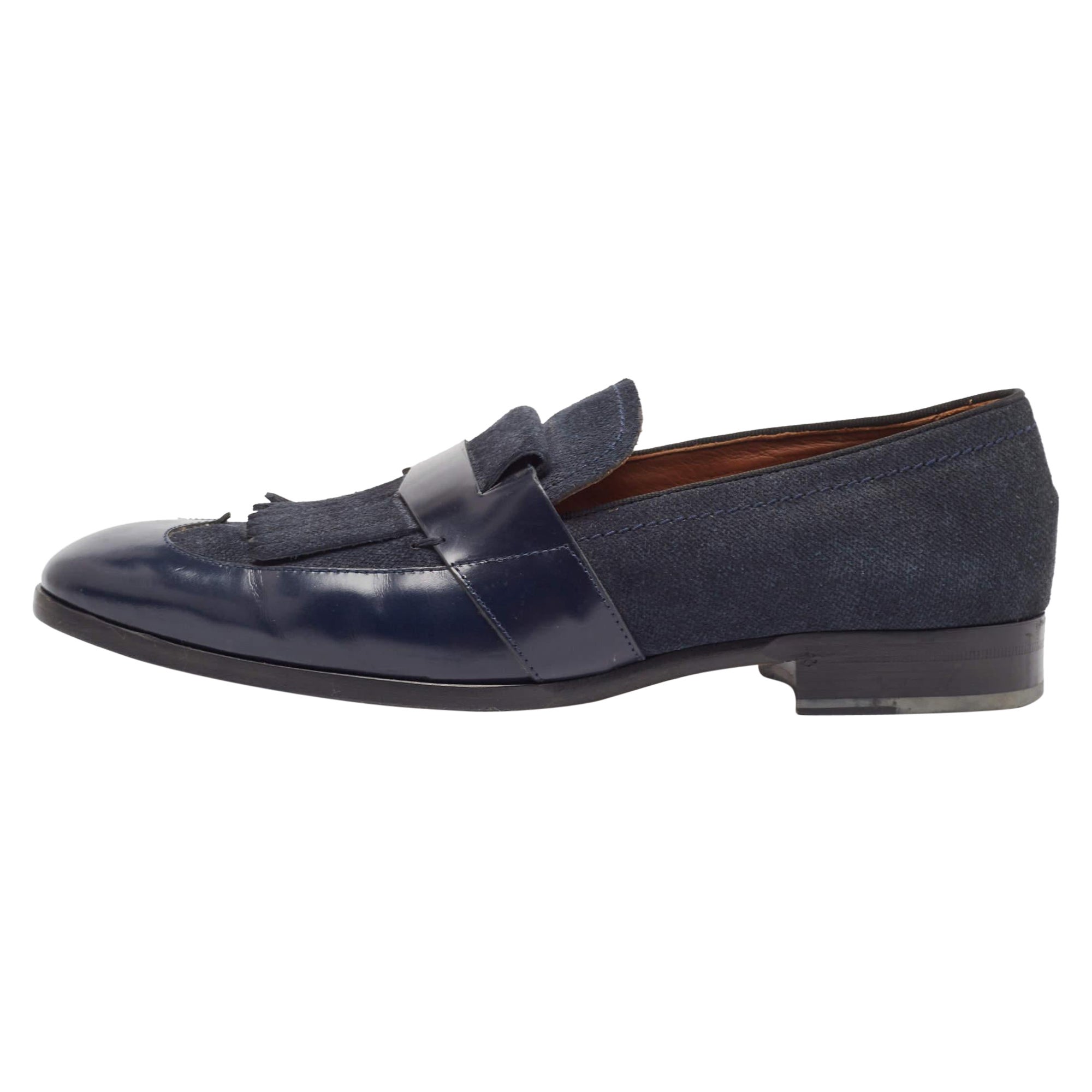 Jimmy Choo Navy Blue Leather and Denim Loafers Size 45 For Sale