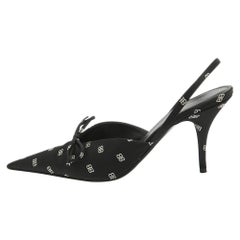 Balenciaga Black BB Print Satin Knife Slingback Pumps Size 38