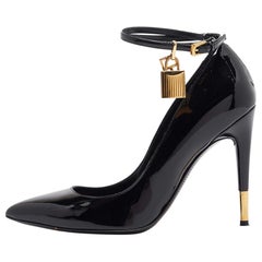 Tom Ford Black Patent Leather Padlock Ankle Wrap Pointed Toe Pumps 38.5