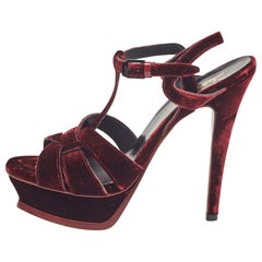 Saint Laurent Burgundy Velvet Tribute Platform Sandals Size 38.5
