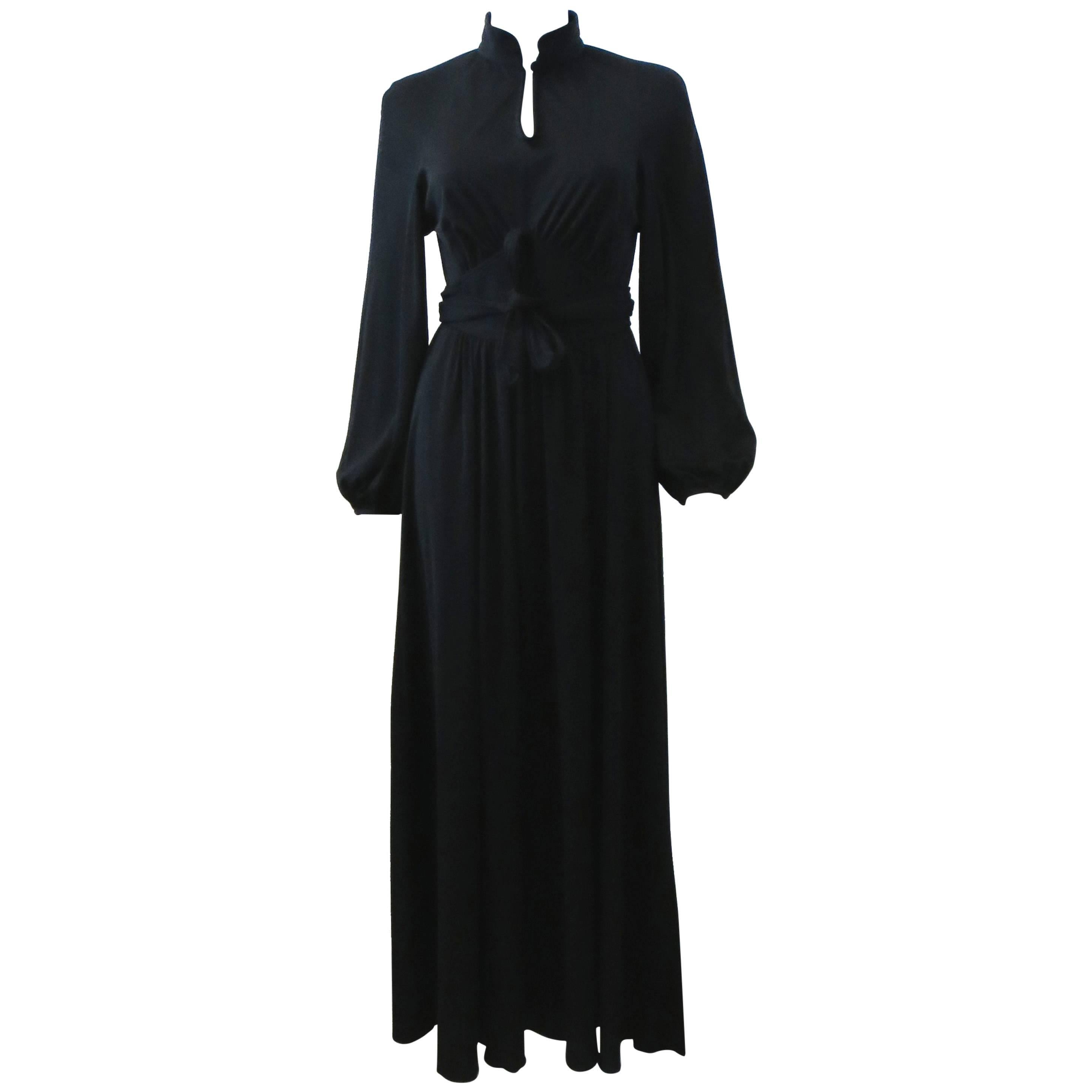 1970s Quorum Black Maxi Dress with Bell Sleeves and Tie Waist Belt