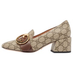 Gucci Grey/Brown Canvas and Leather Blondie Block Heel Pumps Size 37.5
