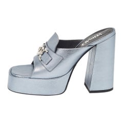 Versace Metallic Blue Leather Medusa Slide Sandals Size 38