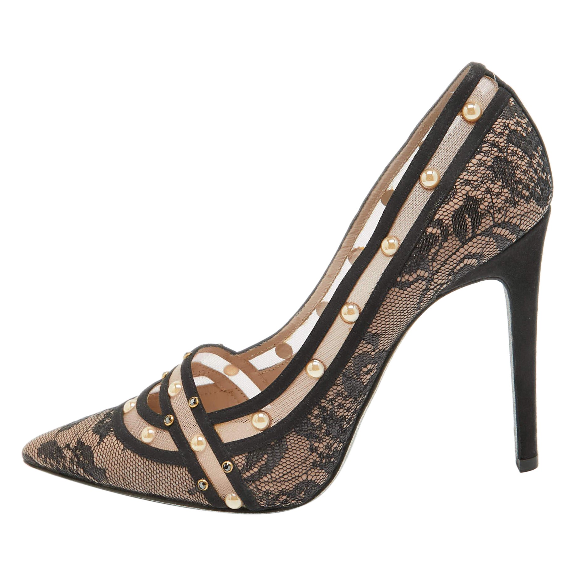 René Caovilla Black/Pink Lace Studded Pointed Toe Pumps Size 38 For Sale
