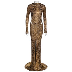 Roberto Cavalli Animal Print Cutout Evening Dress with Gold Foil Finish, FW 2003
