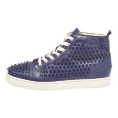 Christian Louboutin Navy Blue Leather Louis Spikes High Top Sneakers Size 43.5