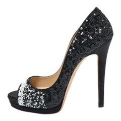 Oscar de la Renta Schwarze Plateau Pumps aus Satin und Pailletten mit Peep Toe Größe 38,5