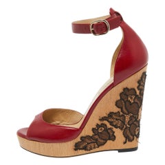 Valentino Red Leather Lace Wedge Peep Toe Ankle Strap Sandals Size 37.5