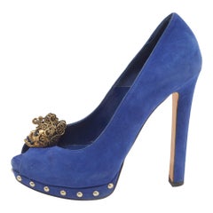 Alexander McQueen Blue Suede Skull Peep Toe Pumps Size 38