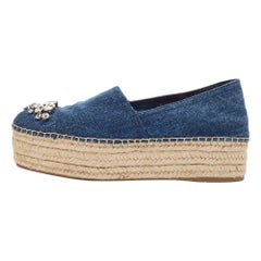 Miu Miu Blue Denim Crystal Embellished Platform Espadrilles Size 40