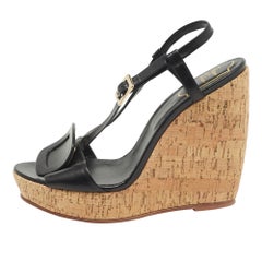 Roger Vivier Black Leather Cork Wedge Ankle Strap Sandals Size 39