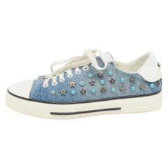 Valentino Blue/White Denim and Leather Star Studded Sneakers Size 39