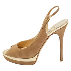 Jimmy Choo Beige Suede Open Toe Platform Slingback Sandals Size 39