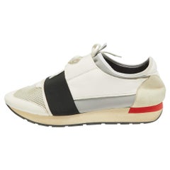 Balenciaga White/Grey Leather and Mesh Race Runner Low Top Sneakers Size 44