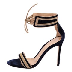 Gianvito Rossi Blue/Gold Velvet and Leather Augusta Ankle Cuff Sandals Size 36
