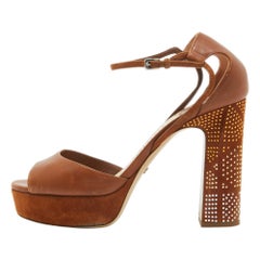 Dior Brown Leather Embellished Block Heel Ankle Strap Sandals Size 37.5