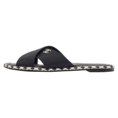 Chanel Black Canvas CC Flat Slides Size 38