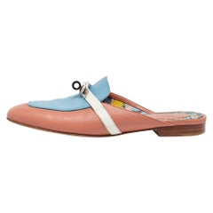 Hermes Pink/Blue Leather Oz Flat Mules Size 38