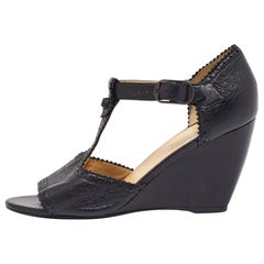 Balenciaga Black Leather Wedge T-Strap Sandals Size 38.5