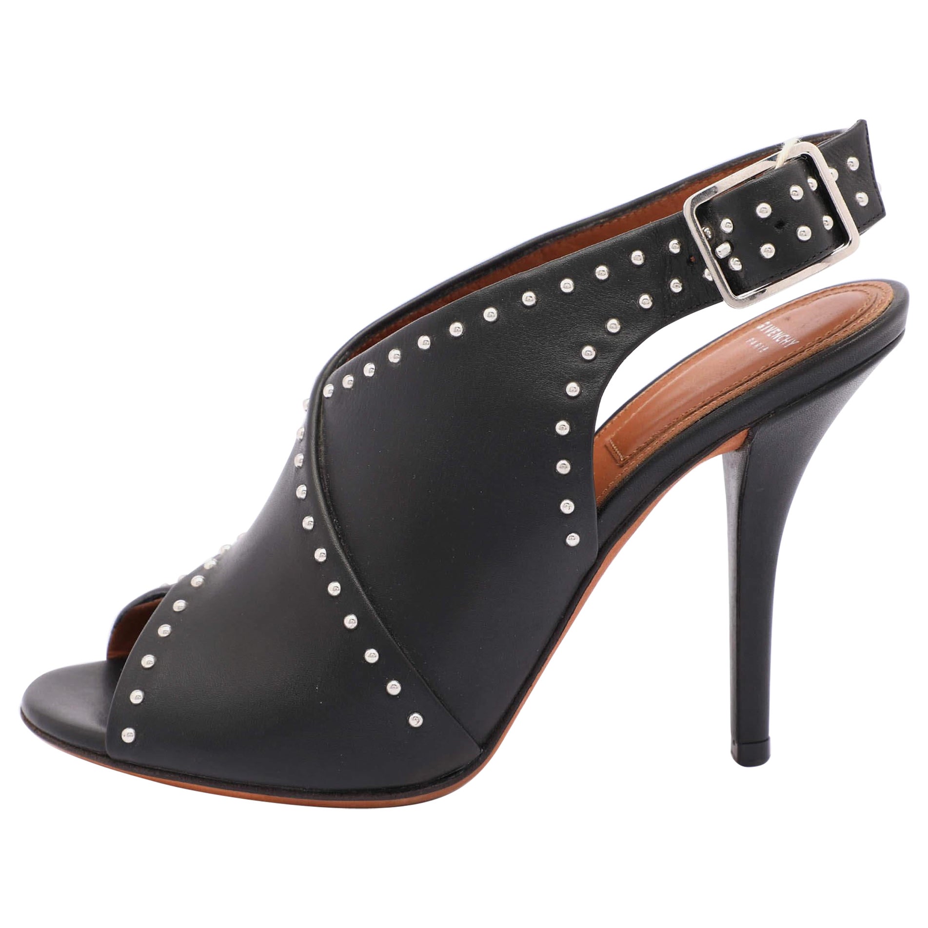 Givenchy Black Leather Studded Peep Toe Slingback Sandals Size 35.5 For Sale