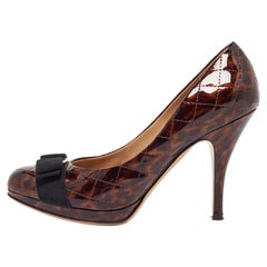 Salvatore Ferragamo Quilted Patent Leather Vara Bow Platform Pumps Size 38.5