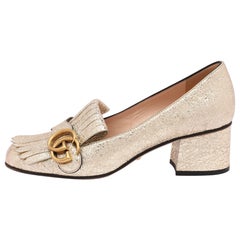 Gucci Gold geknitterte Leder GG Marmont Block Heel Pumps Größe 36,5