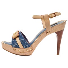Louis Vuitton Beige Monogram Denim Leather Bow Ankle Strap Sandals Size 39.5