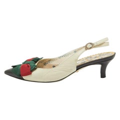 Gucci White/Black Leather Sylvie Web Bow Slingback Pumps Size 35