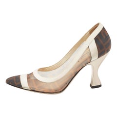 Fendi Brown/White Zucca Mesh and Leather Colibri Pumps Size 35