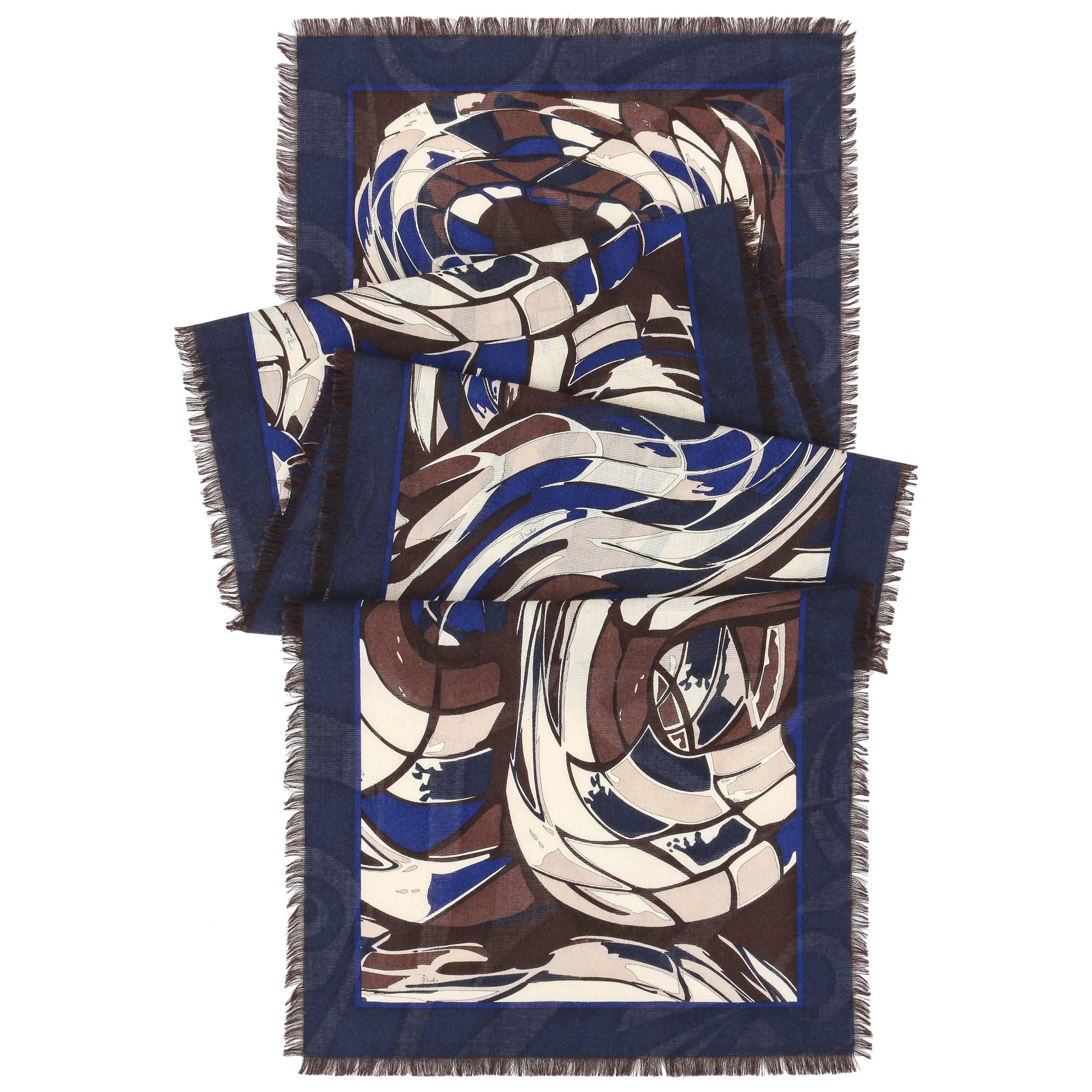 EMILIO PUCCI Wool Silk Multicolor Abstract Signature Print Oblong Scarf