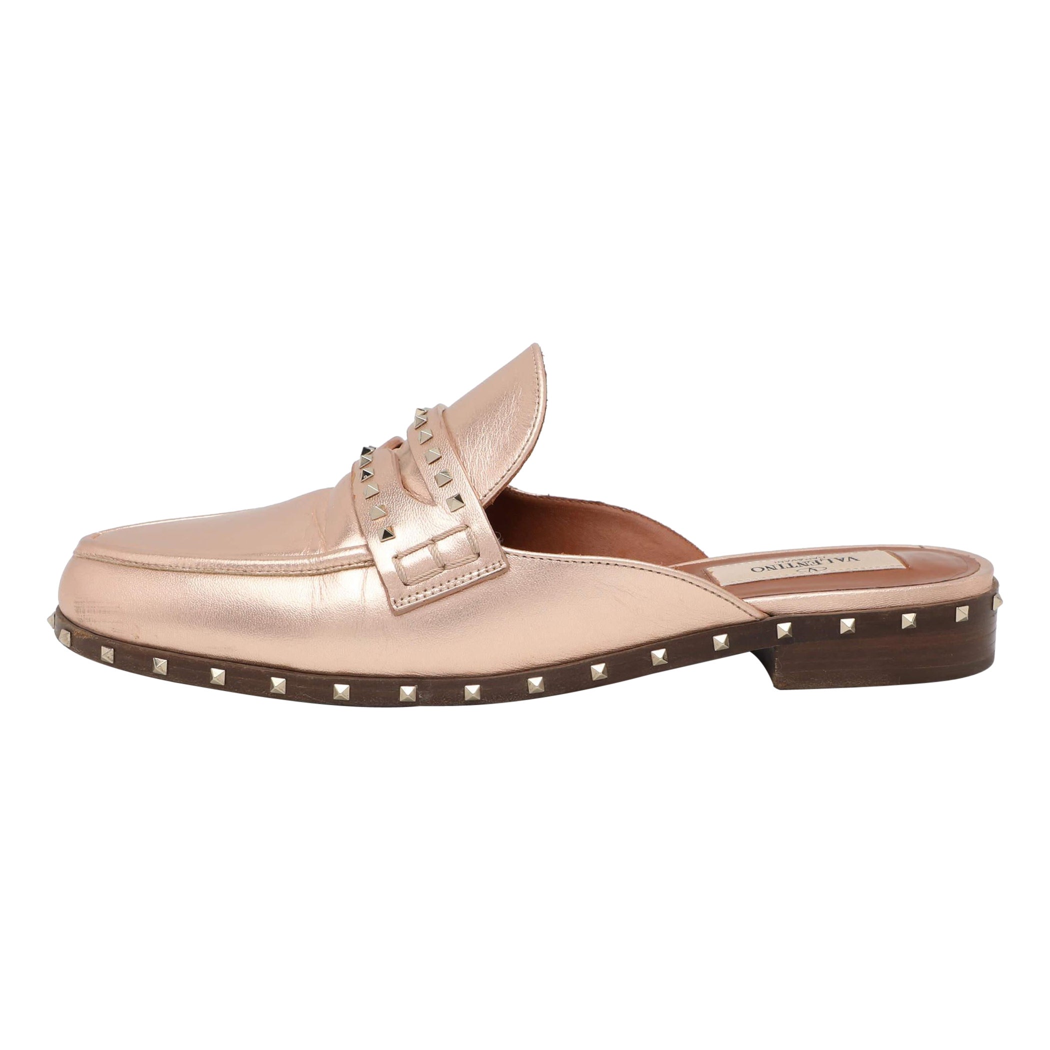 Valentino Metallic Rose Gold Leather Soul Rockstud Mules Size 36
