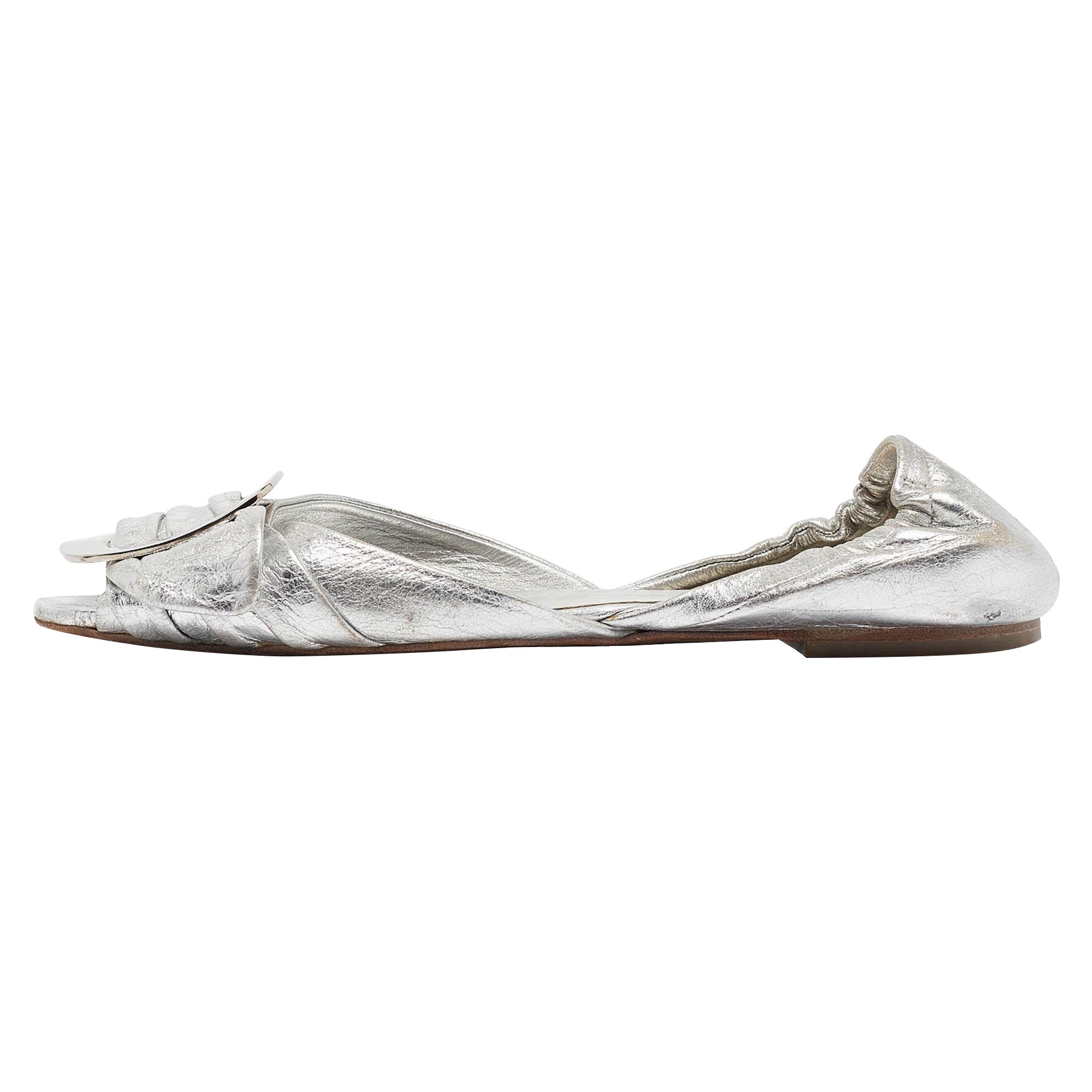 Roger Vivier Silver Leather Open Toe Ballet Flats Size 36 For Sale