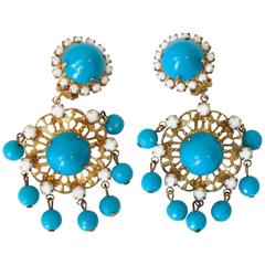 1960s Kenneth Jay Lane Chandelier Earrings Turquoise/White Filigree