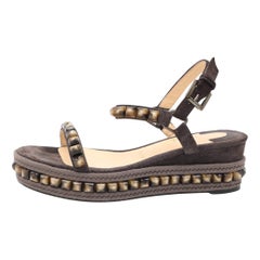Christian Louboutin Dark Grey Suede Pyraclou Platform Espadrille Sandals Size 37