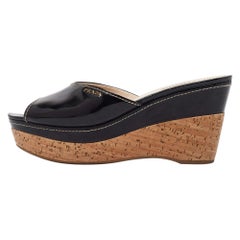 Prada Sport Black Patent Leather Cork Platform Wedge Slide Sandals Size 41.5