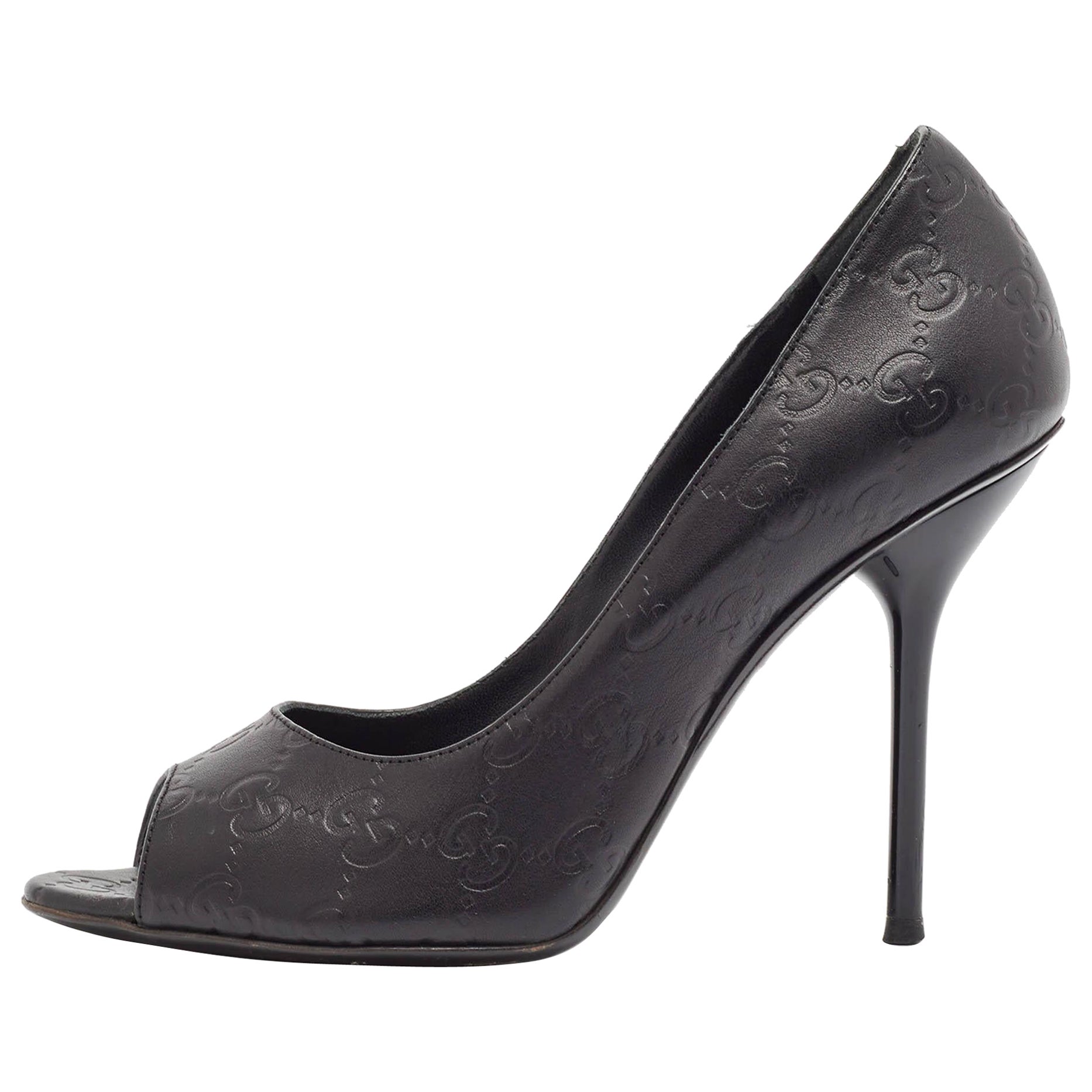 Gucci Negro Guccissima Cuero Punta Abierta Bombas Tamaño 38