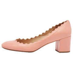 Chloe Pink Leather Laurena Scalloped Block Heel Pumps Size 37
