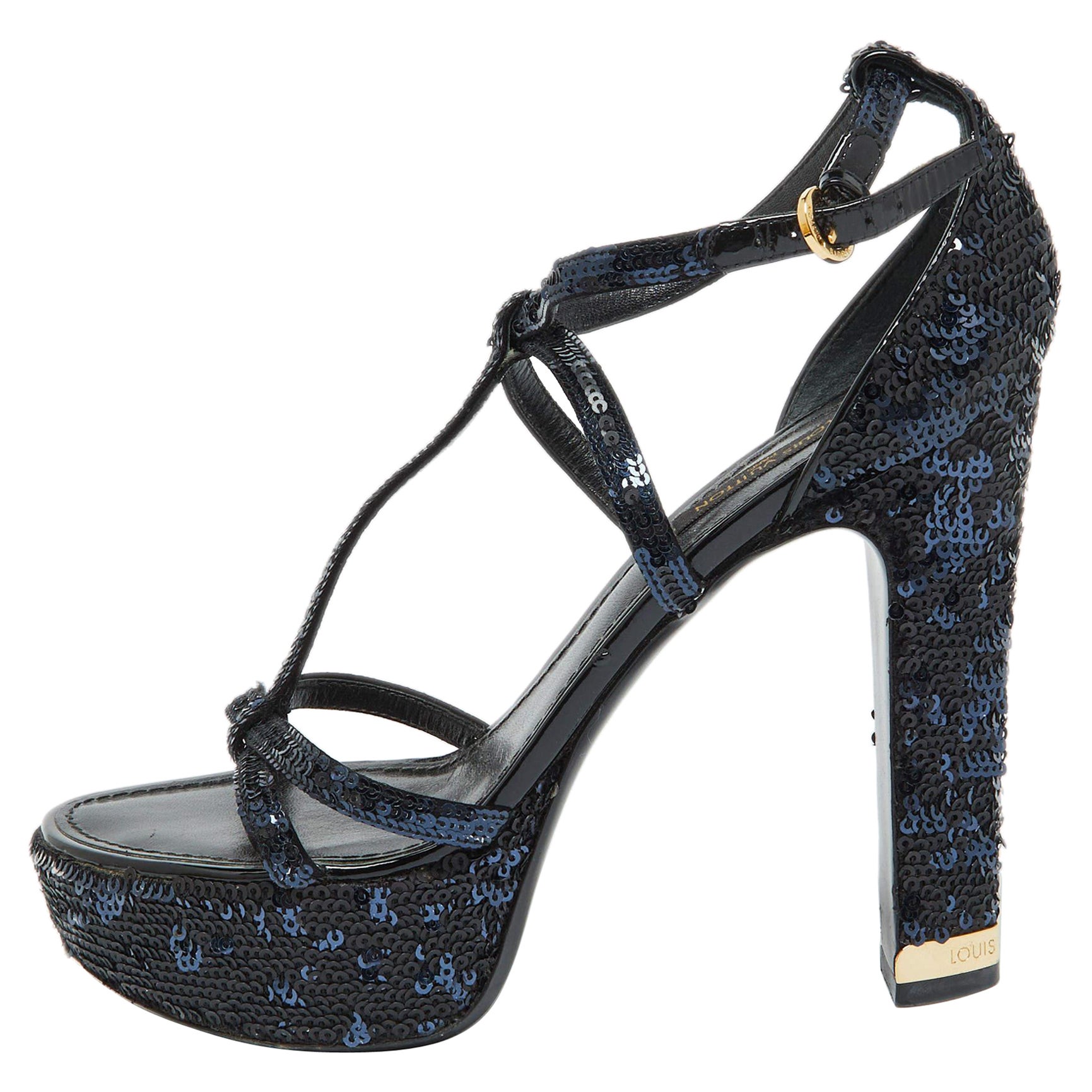 Louis Vuitton Black/Blue Sequins Platform Ankle Strap Sandals Size 36.5 For Sale