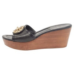 Tory Burch Black Leather Wedge Sandals Size 38