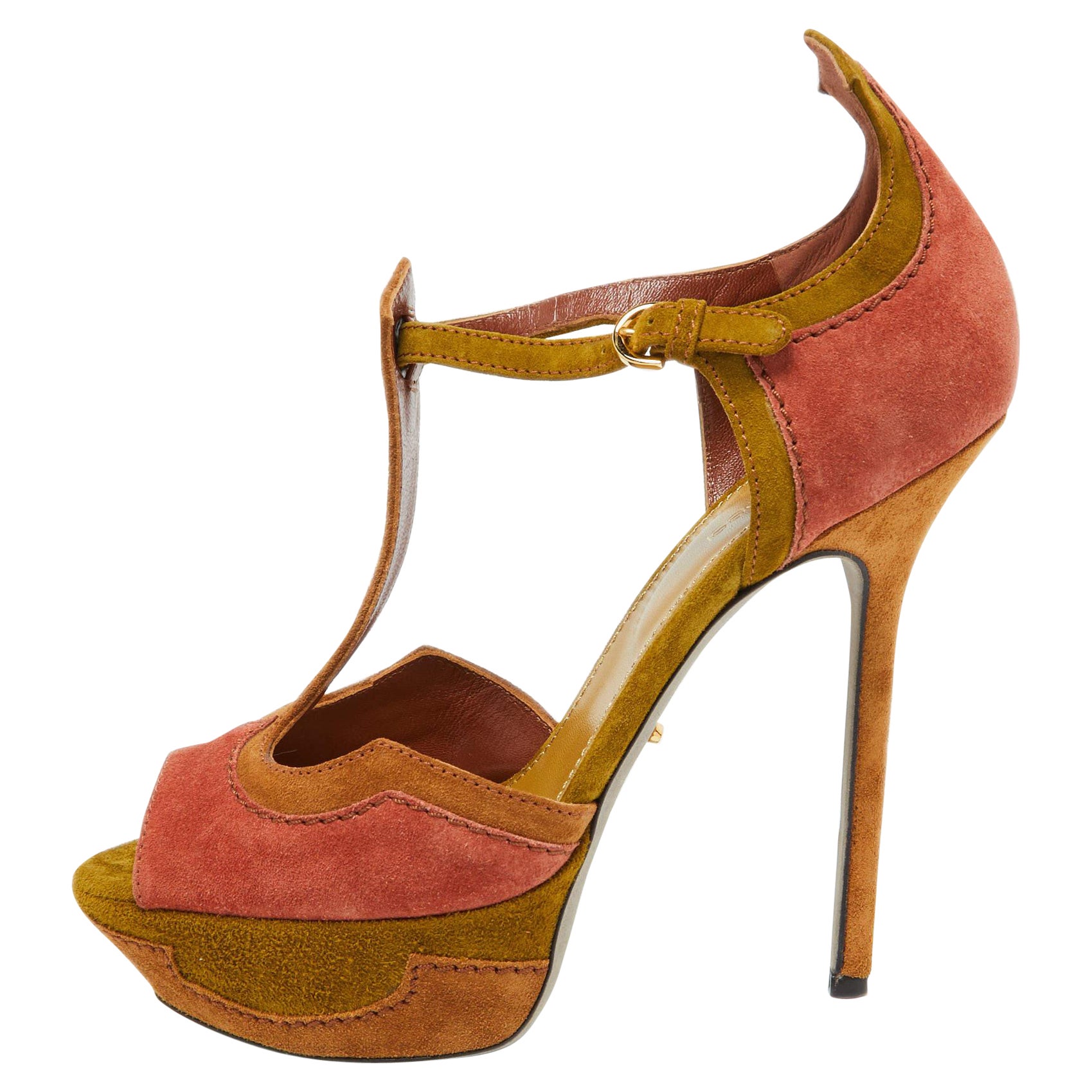 Sergio Rossi Tri Color Suede Platform Ankle Strap Sandals Size 38.5