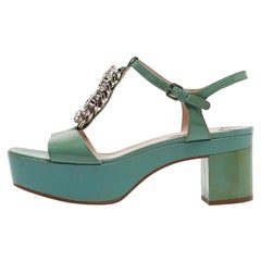 Miu Miu Patent Leather Crystal Embellished Platform Ankle Strap Sandals Size 41
