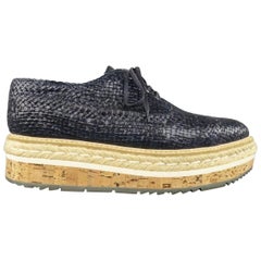 Prada Navy Woven Leather Cork Platform Dress Shoes