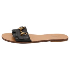 Gucci Black Leather Horsebit Fringe Detail Flat Slides Size 38