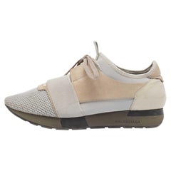 Balenciaga Grey/Beige Knit Fabric & Leather Race Runner Lace Up Sneakers Size 41